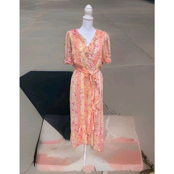 LC Lauren Conrad Maxi Dress Coral Pink Chiffon Floral Puff Ruffled Cottagecore - Picture 3 of 6